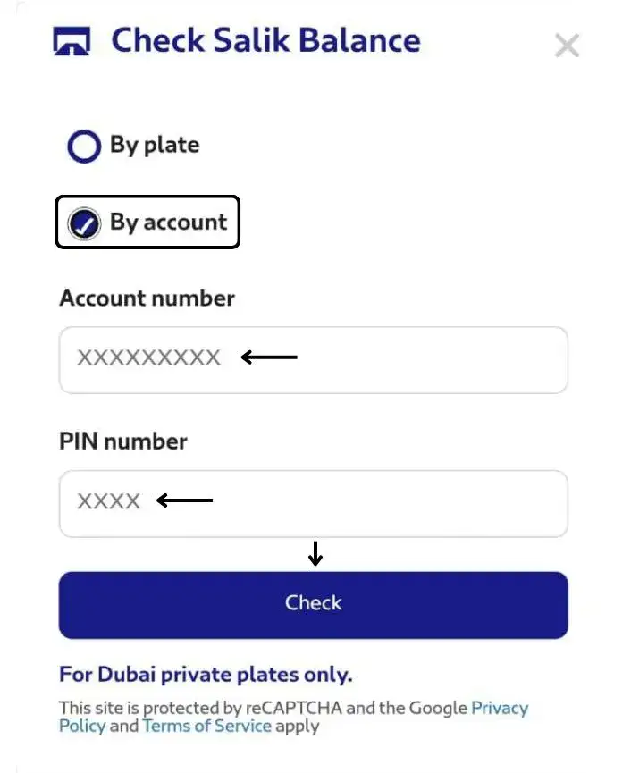 Check Salik balance through RTA website by account