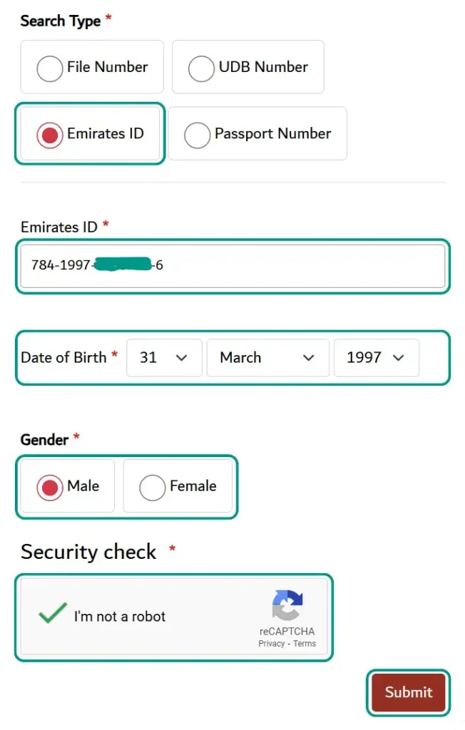 a screenshot showing steps to emirates id fine check using emirates id