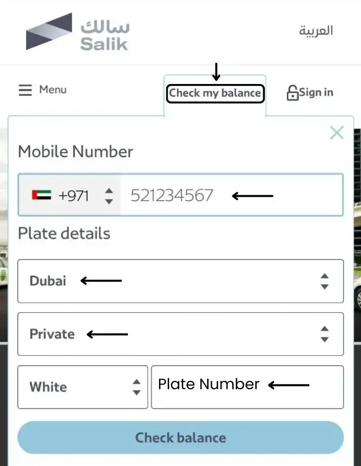 Check salik balance through salik website 