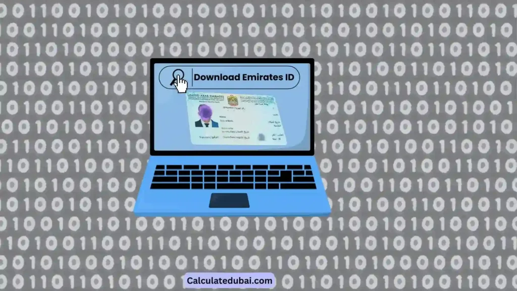 how to download Emirates ID online using a laptop, with a focus on the download button and an Emirates ID card display