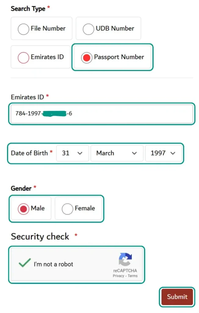 a screenshot showing steps checking overstay fine in the uae by passport number