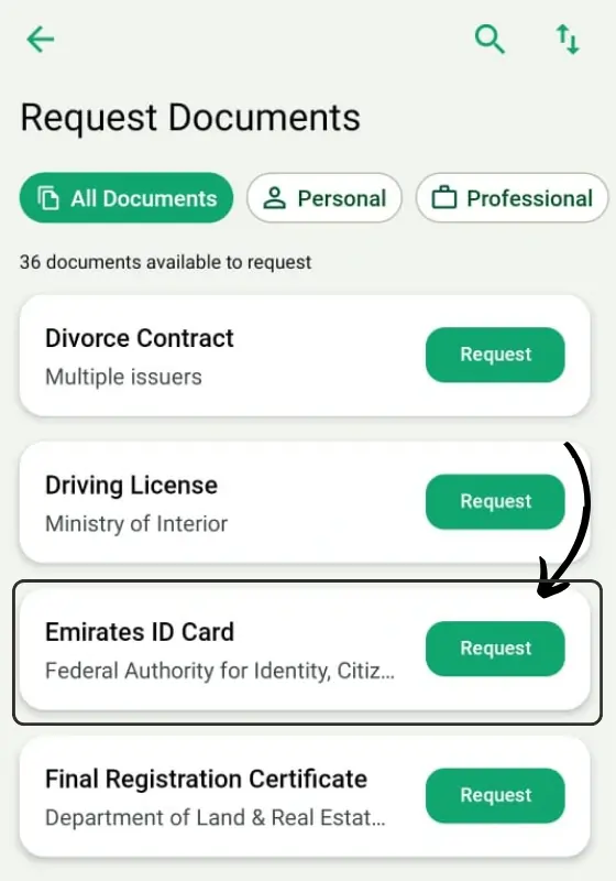 Request Documents' screen in the UAE Pass app, highlighting the 'Emirates ID Card' option with a 'Request' button to obtain the document from the icp