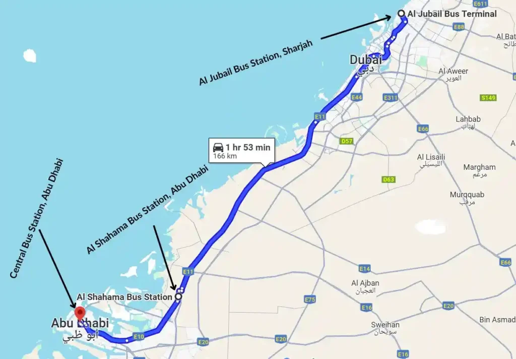 sharjah to abu dhabi bus timings map